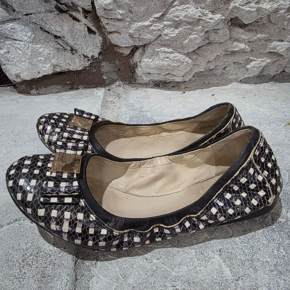 Cole Haan Tali Bow Ballet Flats Snake Embossed Gingham Black and White Women’s 7